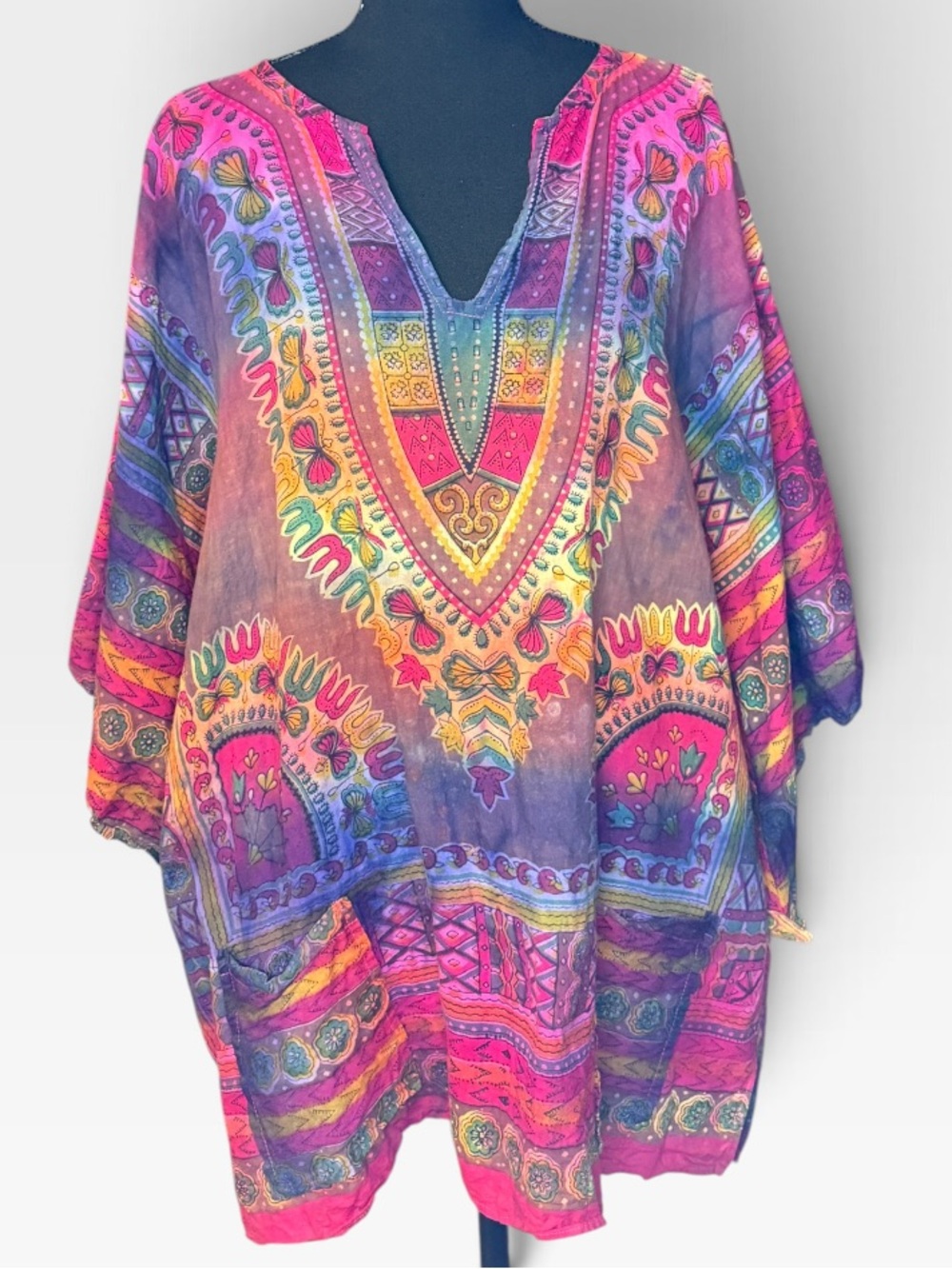 Vibrant Multicolor Boho V-Neck Tunic - Pink & Purple